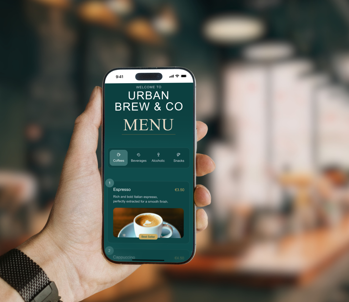 Hand holding a smartphone showing a dark green digital cafe menu with drink categories and a coffee photo.