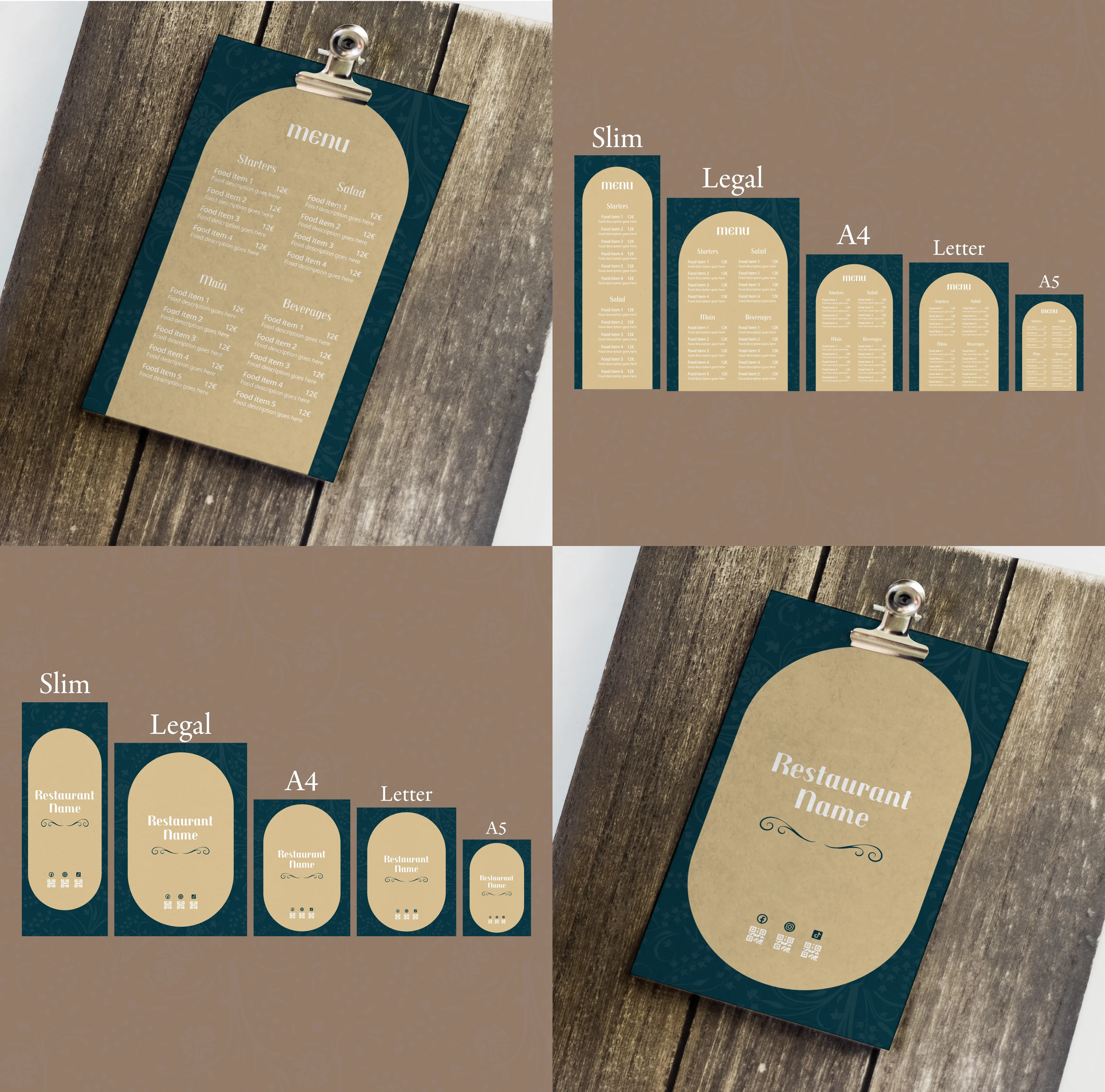Elegant menu template with arched layout in beige and dark teal colors, shown in multiple sizes (Slim, Legal, A4, Letter, A5) on a wooden clipboard.