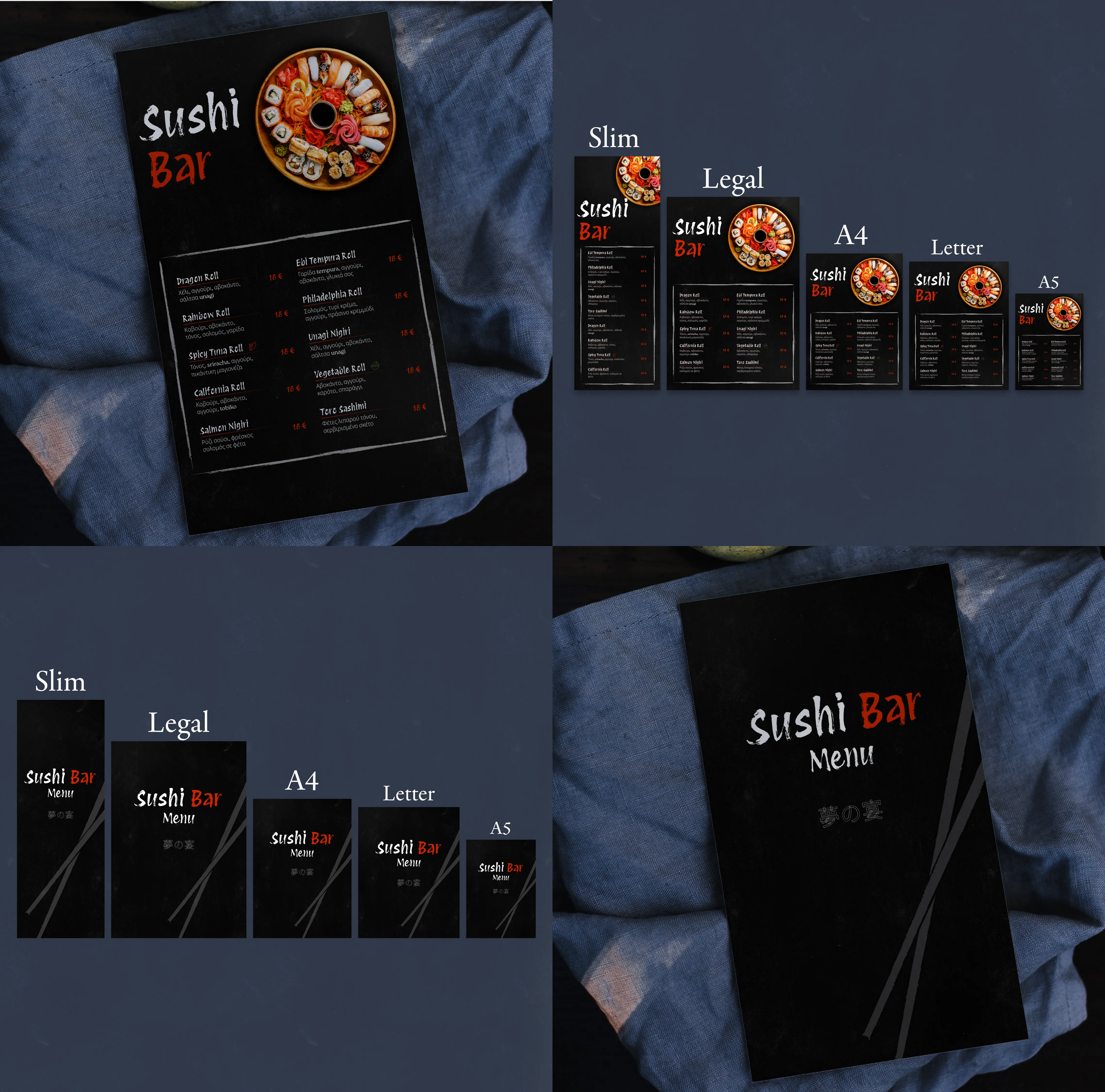 Sushi Bar digital menu template with black background, chopsticks graphic and sushi photo header, shown in Slim, Legal, A4, Letter and A5 sizes, displayed on a dark cloth.