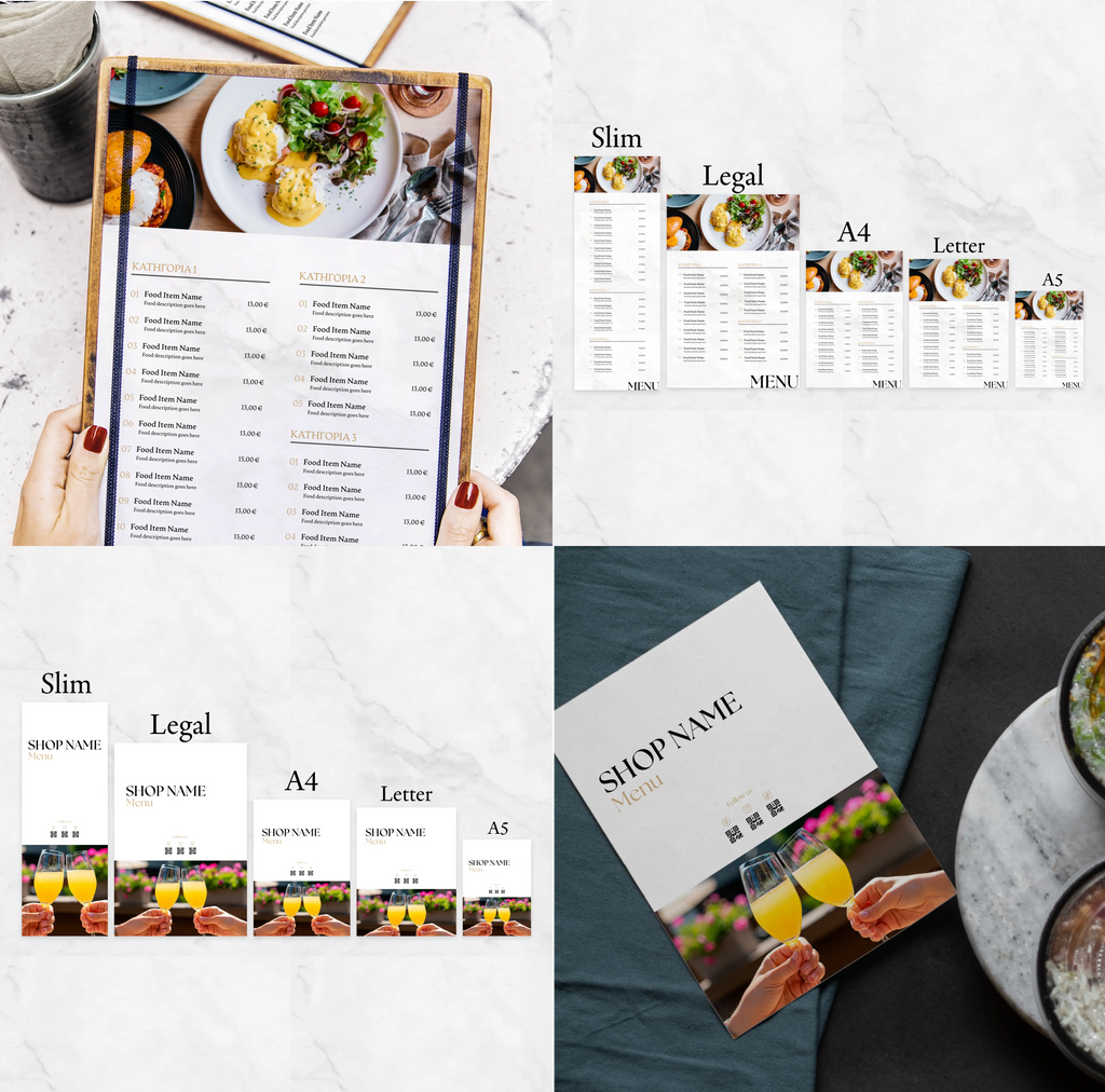 Digital menu templates displayed in multiple sizes (Slim, Legal, A4, Letter, A5), including mockups of a printed menu being held on a clipboard and a modern bar menu on a table. Featuring food and drink photography and clean, minimalist layout designs.
