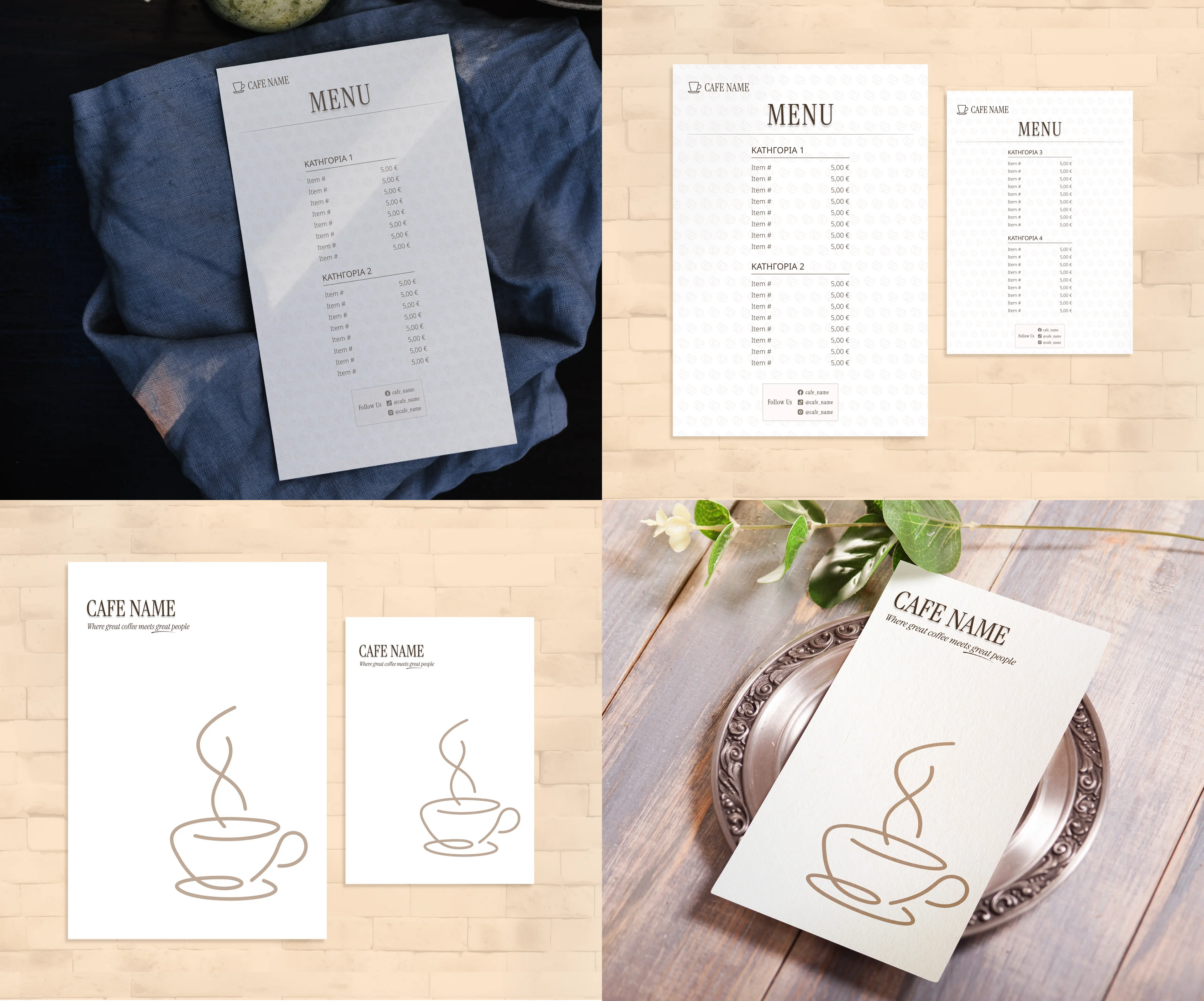 Minimalist cafe menu template with simple line-art coffee cup, shown in multiple sizes and displayed on a clipboard and tabletop mockups.