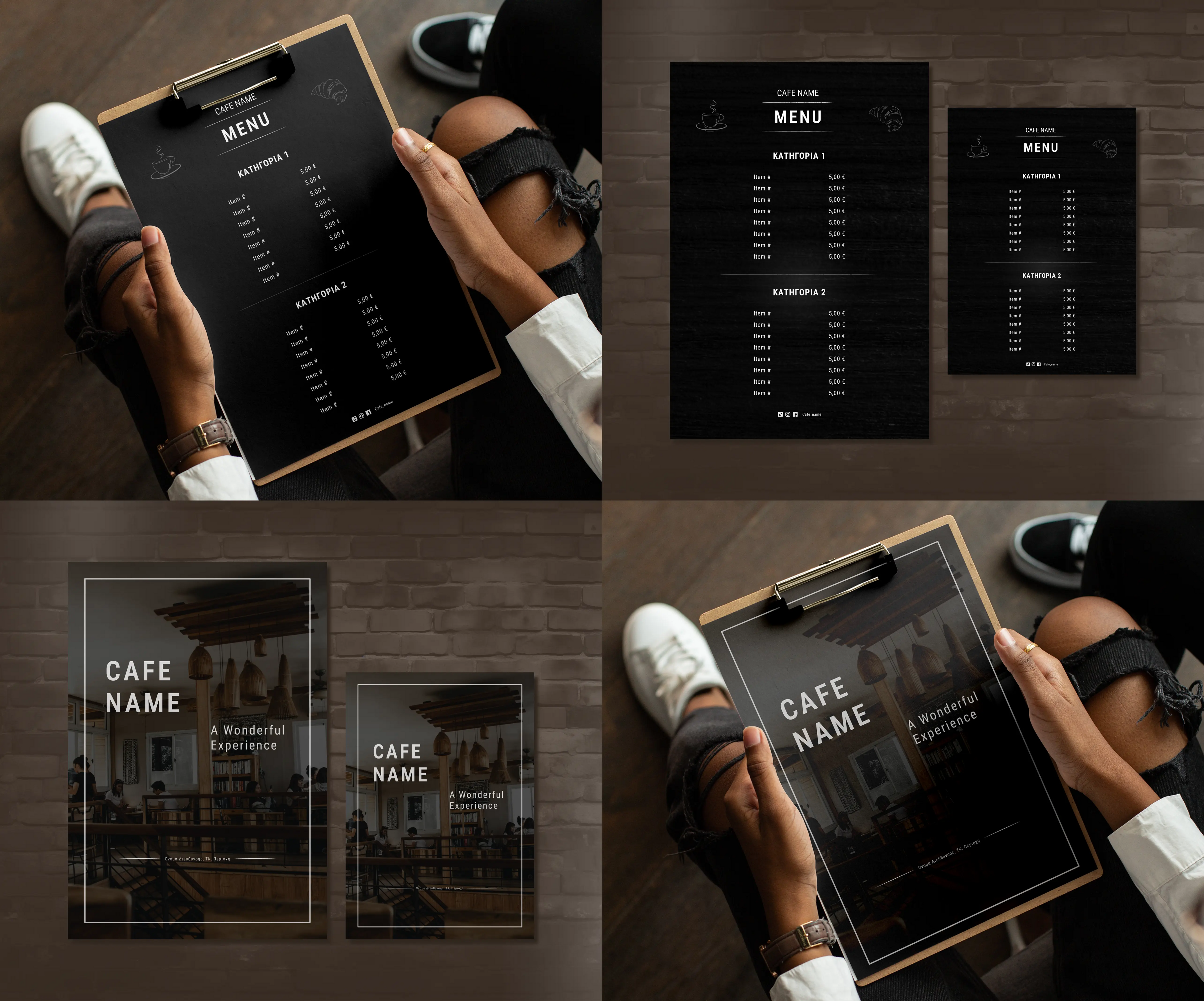 Elegant botanical menu template in soft beige with green leaf accents, shown on a clipboard and in multiple printable sizes.